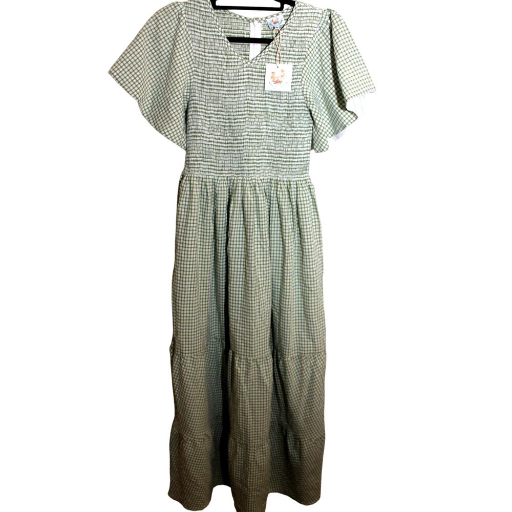 Busy Bee Smocks Green & White Check Cotton Tiered Maxi Dress sz XS NEW